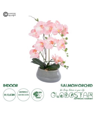 GloboStar® Artificial Garden SALMON PINK ORCHID 21122 Διακοσμητικό Φυτό Ροζ-Πορτοκαλί Ορχιδέα Υ43cm